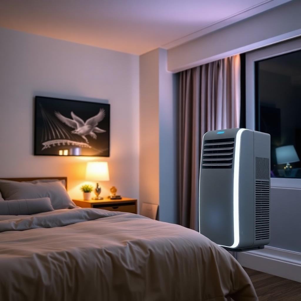 MeacoCool Portable AC cooling a peaceful bedroom at night